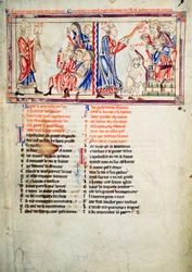 f.2 Thomas a Becket hadnagy kihirdeti ellenségeire a kiközösítést, és vitatja ügyét II. Henrik angol király és VII. Lajos francia király előtt a Becket Leaves-ből, 1220-40 körül.